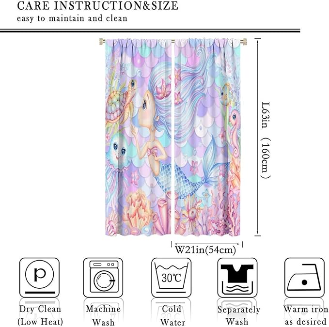Fantasy Mermaid Curtain Dream Cartoon Marine Organisms Turtle Coral Ocean Theme Dream Blackout Window Treatment for Kids Girls Bedroom Nursery Room Decor Rod Pocket Window Drapes 42x63in