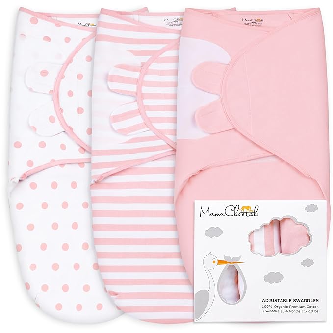 Mama Cheetah Baby Swaddle Blanket 3-6 Month, Organic Cotton Swaddle Sleep Sack Size Large, Large Swaddle Wrap, Easy Swaddles for Girls, 3-Pack, Pink
