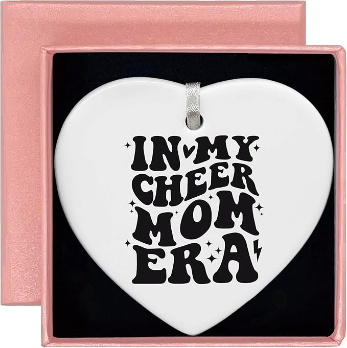 Heart Shaped Ornament-Cheer Mom Gift-Stage Mom Cheerleading Present for Women-Motivational Keepsake Birthday or Christmas Home Decor-Ceramic Ornament with Inspirational Quote in My Cheer Mother Era