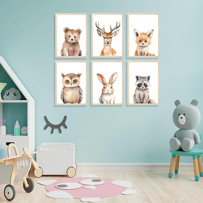 6 Animal Wall Art for Kids Room, Baby Room, Woodland Animals, Cute Bear, Deer, Rabbit Poster Prints, Safari Themed Paintings for Boys Girls Room (8x10 Inch Posters)