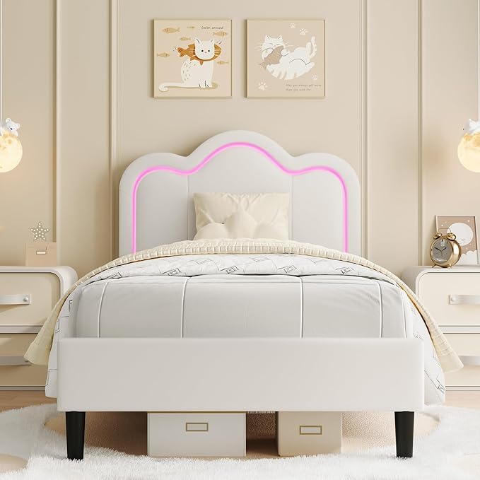 GarveeHome Twin Upholstered LED Bed Frame with Headboard, Faux Leather Princess Platform Bed Frame for Kids, Wooden Slats Support, No Box Spring Needed (Cream, Twin)