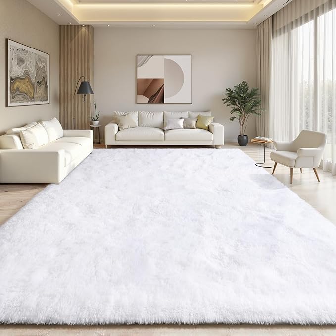 EVOIONOS 8x10 Washable Large Area Rug for Living Room, Fluffy Shag Rug for Bedroom, Ultra Soft Plush Non Slip Carpet for Indoor Floor Bedside Nursery Kids Girls Room Dorm, Home Decor Aesthetic, White