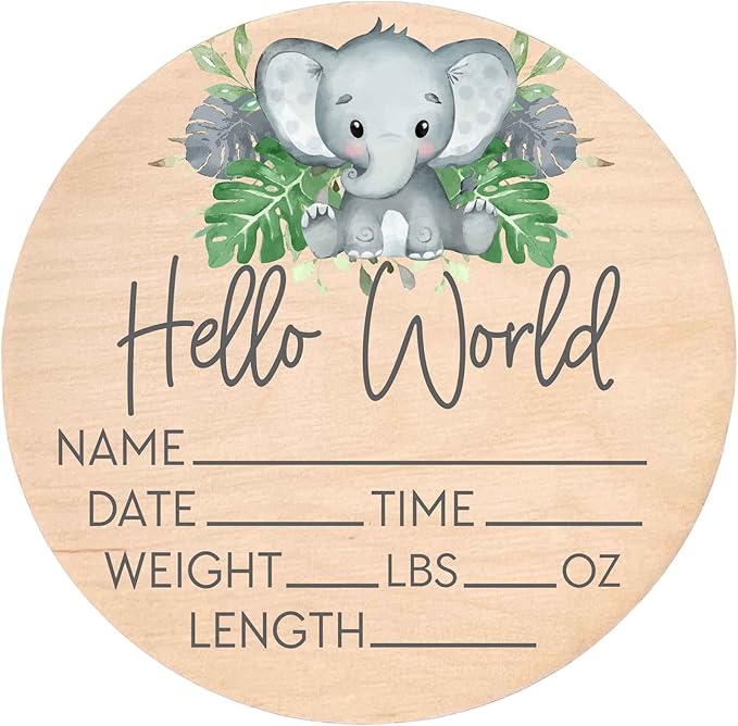 Birth Stat Sign for Newborn - Baby Name Announcement - Hello World Elephant Hospital Photography Prop - Jungle Safari