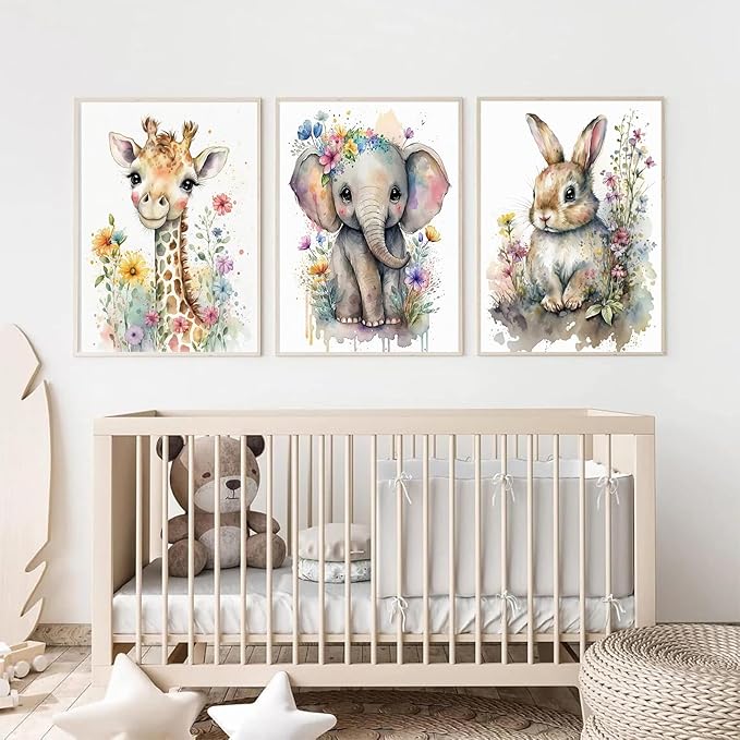 3Pcs Baby Watercolor Safari Animals Nursery Canvas Wall Art Cute Jungle Animals with Wildflower Picture Posters Wall Decor Giraffe Elephant Rabbit Painting Print Artwork for Kids Children Room 12x16in