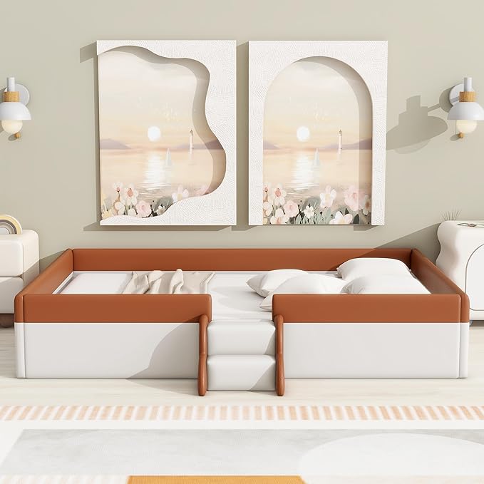 Queen Size Upholstered Daybed Frame with Fence and Stairs, Montessori Kids Floor Bed with Sturdy Slat Support for Kids Boys Girls (Brown+Queen)
