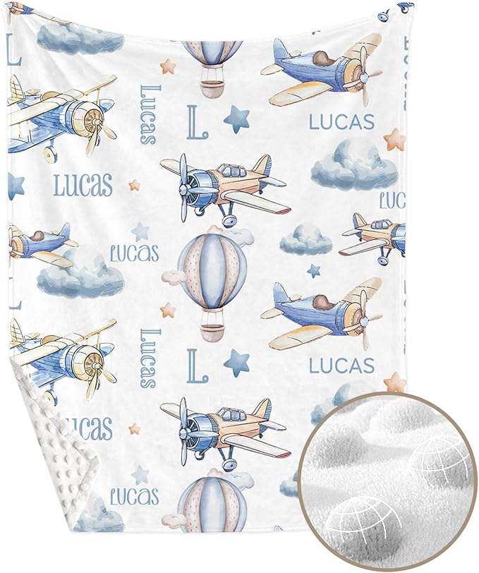 Personalized Crib Bedding Set for Boys Girls, Custom Baby Crib Sets with Name, Toy Airplane Design Nursery Bedding 2 Piece - Soft Blanket with Double Layer Dotted Backing, Crib Fitted Sheet