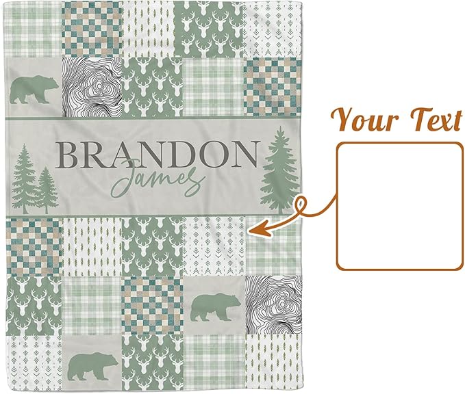 Personalized Rustic Woodland Baby Blanket - Custom Name Bear & Deer Design, Soft Blanket with Double Layer Dotted Backing for Infants Toddlers, Ideal Nursery Decor (30”x40)