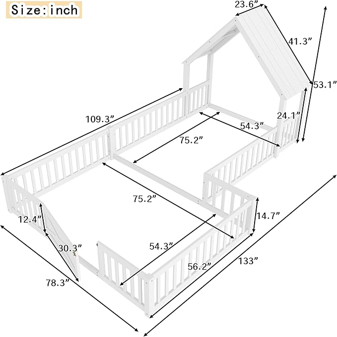 Harper & Bright Designs Full Size House Shaped Double Floor Bed with Door and Full-Length Guardrails, Solid Wood Kids Montessori Floor Bed for Girls Boys, Multi-Function, White