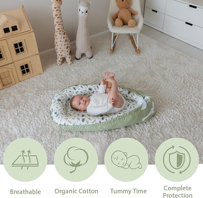 Baby Lounger | Organic Cotton Infant Lounger | Reversible, Adjustable & Portable Floor Lounger |Supervised Use | Soft, Breathable, Washable Cover - Star Collection (Sage Leaf)