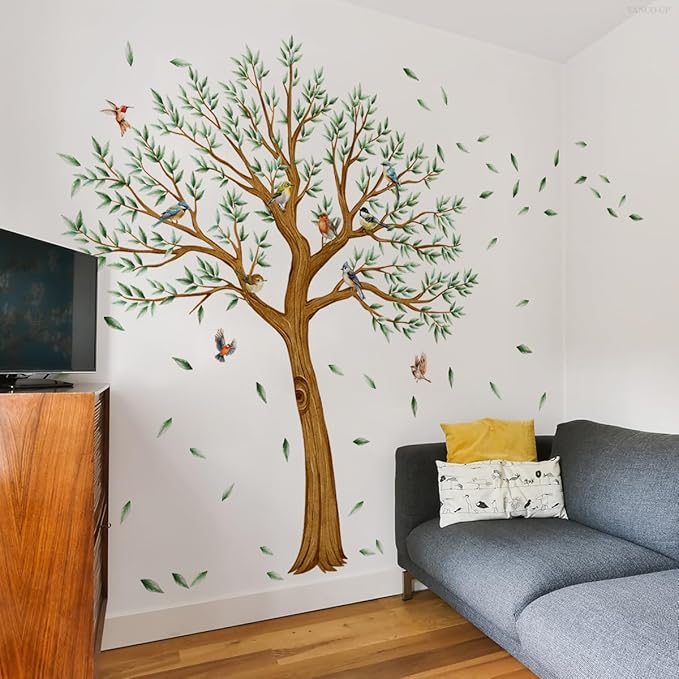 Large Tree Wall Decal with Birds, Green Leaves Tree Wall Stickers for Living Room Nursery Wall Decor 84.66x64.87 inches