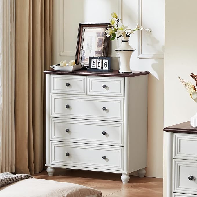 Farmhouse 5 Drawer Dresser for Bedroom, 35.5" Tall Small Dressers & Chest of Drawers, Rustic Wood Dresser with Roman Column, Storage Organizer for Living Room, Hallway, Closet (White)