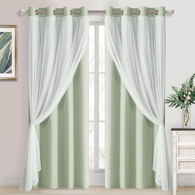 DWCN Layered Curtains for Living Room Blackout and Sheer Curtains with Tiebacks Grommet Top Window Treatments with Sheer Overlay for Bedroom, 52 W by 84 L, Seafoam, 2 Pieces
