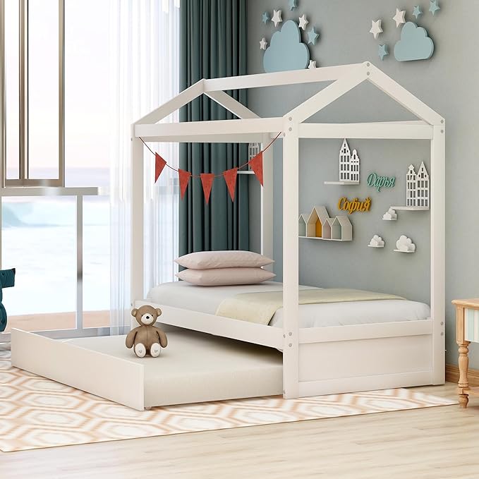 Twin Size House Bed with Trundle and Roof,can be Decorated,Bedroom Wood Platform Bed Frame W/ No Box Spring Required,Easy to Assemble,Save Space,for Kids Teens Girls Boys,Gray