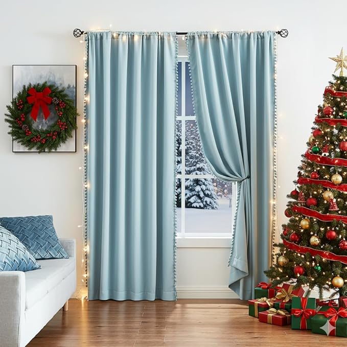 TREATMENTEX Pom-Pom Blue Curtains Living Room 84 inches Energy Efficient Thermal Insulated Room Darkening Curtain Panels for Bedroom Window Draperies Nursery Room Children 50in w x2 Panels Rod Pocket