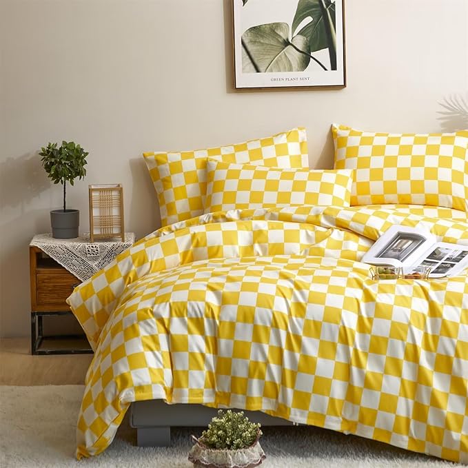 Houseri Yellow White Plaid Duvet Cover Twin Size Girls Boys Kids Light Yellow Checkerboard Dorm Duvet Covers Twin Bright Yellow Buffalo Checkered Grid Bedding Soft Comfy Gingham Duvet Cover Set Twin