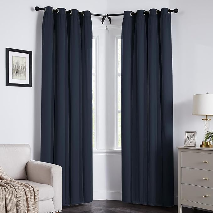 100% Blackout Curtains for Bedroom, Double Layer Navy Blue Curtains, Black Out Curtain 84 inch long With Sheer Overlay for Living Room, Room Darkening Window Drapes with Grommet, 52"W x 84"L