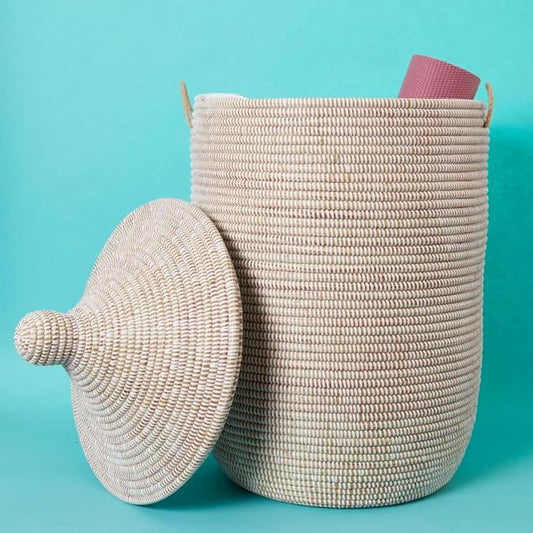 White Boho Woven Wicker Basket, Home Decor, Storage & Organization, Living Room, Bed Room, Nursery, Laundry Clothes Hamper, Toys Bin, Blankets Storage, Round, Hooded Lid, Handles (Large)