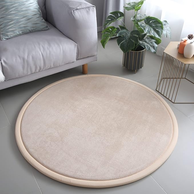 Loartee Thick Kids Round Rug - Coral Velvet Area Rugs, Memory Foam Circular Carpet for Nursery Playroom Home Decor Dormitory, Diameter 63 inch, Brown