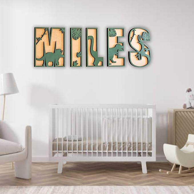 Personalized Wooden Name Sign - Custom Baby Name Signs for Nursery & Kids Room, Baby Announcement Sign, Wall Name Signs Personalized, Round Wooden Letters for Nursery Decor (Dinosaur 3D)
