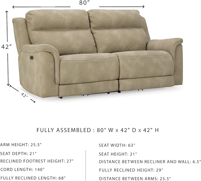 Signature Design by Ashley Next-Gen DuraPella Power Reclining Sofa with Adjustable Headrest, USB, Extended Ottoman, Faux Leather, 80" W x 42" D x 42" H, Beige Sand