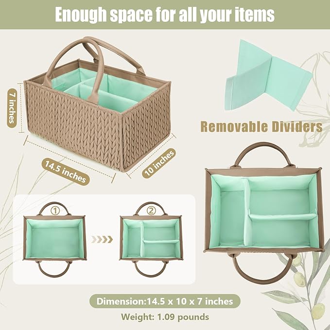 MOMINSIDE Diaper Caddy Organizer, Baby Diaper Caddy Organizer with Handle Baby Basket Nursery Storage, Portable Changing Table Car caddy organizer for Girl Boy, Baby Registry Baby Shower Gifts(Brown)