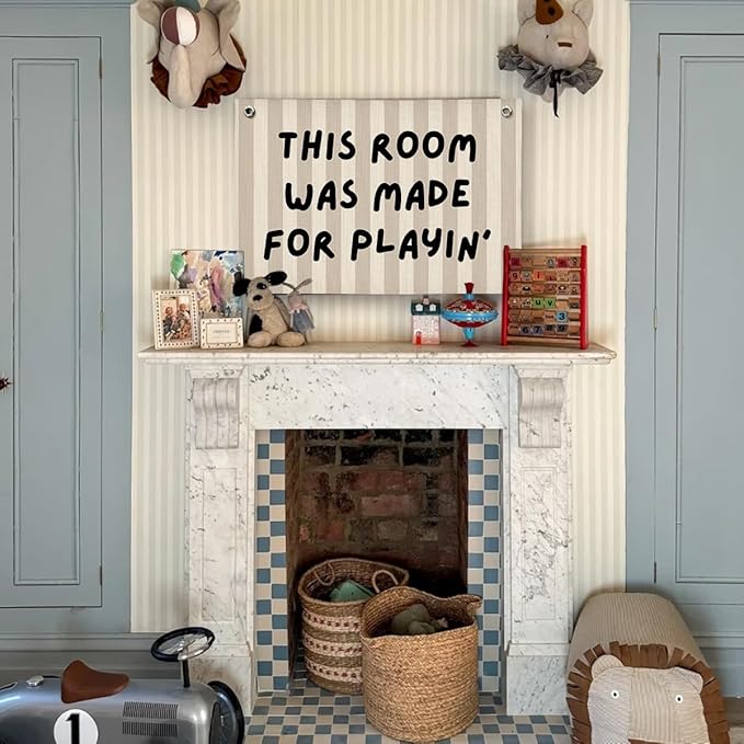 Playroom Decor, Long Live Playtime Wall Hanging Linen Banner, Blue Striped Wall Flag for Kids Room Nursery Playroom Decor, 20x30 Inch-This Room
