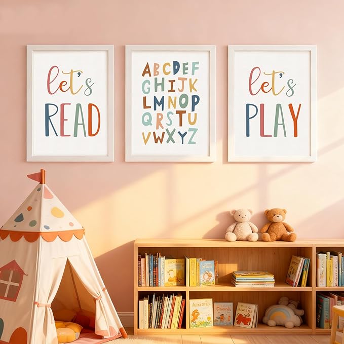 3 PCS Alphabet Framed Playroom Wall Decor,Classroom Must Haves Boho Educational ABC Poster Wooden Sign for Baby Girl Kid Boy Toddlers,Neutral Preschool English Letters Nursery Decor for Homeschool Kindergarten Kids Learning White