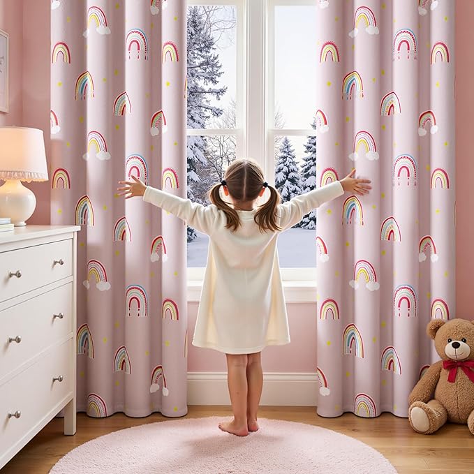 jinchan Nursery Blackout Curtains for Kids Room Rainbow Pink Curtains Cute Girls Bedroom Dorm Playroom Window Treatment Grommet Thermal Insulated Room Darkening 2 Panels 63 Inch Length