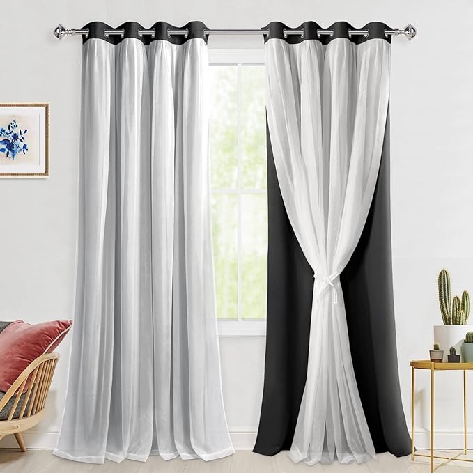 Hiasan Black Blackout Curtains with White Sheer, Mix & Match Double-Layer Thermal Insulated Sun Blocking Grommet Window Curtains for Bedroom, Living Room, 2 Drape Panels with Tiebacks, 52W X 96L
