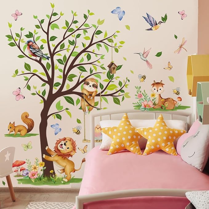 Woodland Animals Large Tree Wall Decals, Lion Sloth Deer with Birds Butterflies Wall Decals for Nursery Room Kids Bedroom Toddler Room Decor, 70.47x51.18 inches,