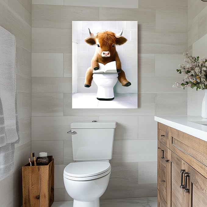 Hianan Funny Highland Cow Canvas Wall Art, Cute Brown Cow Bathroom Decor, Framed Animal Bathing Poster Prints, Retro Rustic Farmhouse Wrapped Canvas Artwork for Restroom 12"x16"x3