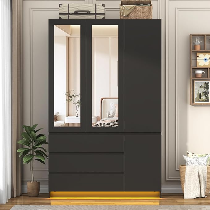 3 Doors Armoire Wardrobe Closet with 3 Drawers & Mirror, Modern Wooden Bedroom Armoires with Hanging Rod Led Lights for Bedroom, Black
