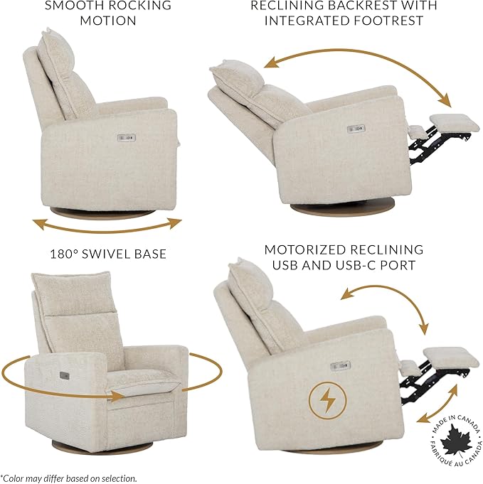 Arya Modern Nursery Chair Glider Recliner with 180° Swivel - Cozy Motorized Reclining Nursing Chair with USB Ports, Gentle Motion, Ergonomic Design, Canadian-Made (Vanilla/Beyond Sheep Fabric)