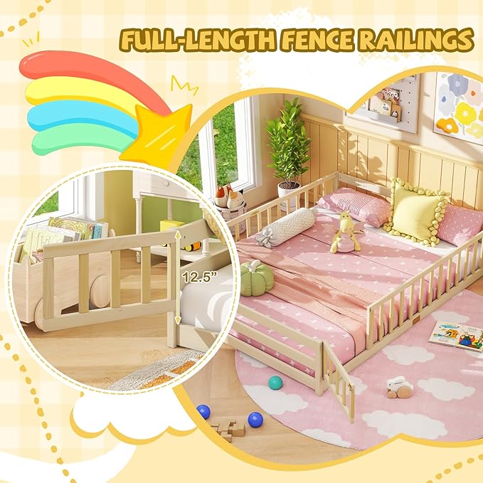 Giantex Queen Floor Bed with Door & Fence, Kids Wood Montessori Beds with Safety Guardrails, Floor Bed Twin for Kids, Boys, Girls, No Box Spring Needed, Natural