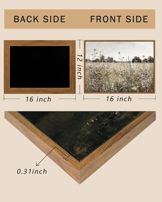 ARPEOTCY Vintage Framed Canvas Wall Art, 12x16inch, Classical Wildflowers Field Sky Farmhouse Pictures Wall Decor, Art Prints for Home Decor Aesthetic, Paintings for Living Room Office