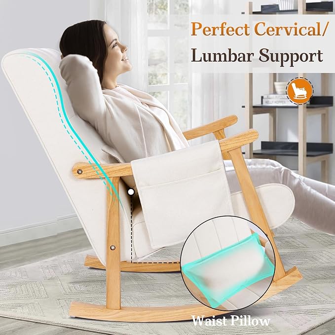 NOBLEMOOD Rocking Chair Indoor with Ottoman, Nursery Rocking Chair with Lumbar Pillow, High Back Upholstered Solid Wood Frame Rocker for Living Room
