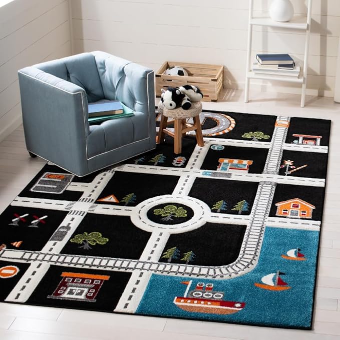 SAFAVIEH Carousel Kids Collection Area Rug - 6'7" x 9', Black & Ivory, Non-Shedding & Easy Care, Ideal for High Traffic Areas for Boys & Girls in Playroom, Nursery, Bedroom (CRK192Z)