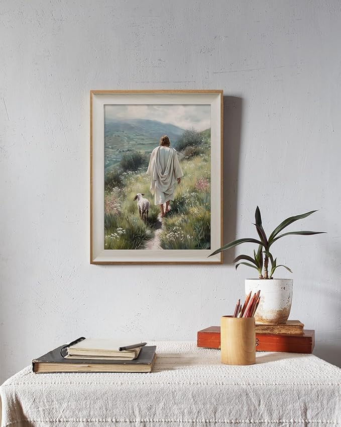 ARPEOTCY Framed Canvas Wall Art, 12x16 Inch Jesus and Lamb Christian Wall Decor, Religious Artwork of The Good Shepherd for Living Room, Bedroom, or Prayer Room