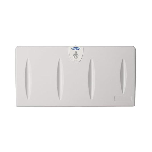 SafetyCraft Horizontal Wall-Mounted Baby Diaper Changing Station - Easy to Clean, High-Density Polyethylene w/Heavy Duty Steel Hinge - Built-in Liner Dispenser for Hooking Purse or Bag, Light Gray