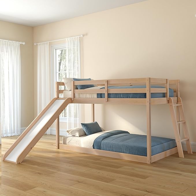 Grain & Grove Bear Twin Over Twin Bunk Bed with Slide, Low Bunk Bed Frame for Kids, Bunk with Ladder, Guardrail, and Slats, No Box Spring Required, Oak Embossed Natural