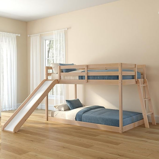 Grain & Grove Bear Twin Over Twin Bunk Bed with Slide, Low Bunk Bed Frame for Kids, Bunk with Ladder, Guardrail, and Slats, No Box Spring Required, Oak Embossed Natural