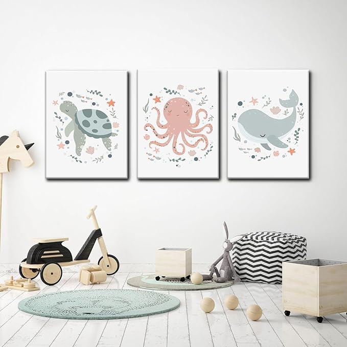 Wodkwq Ocean Nursery Decor, Set of 3 Boys Room Sea Animal Wall Art Picture Canvas Prints, 16x24in Framed