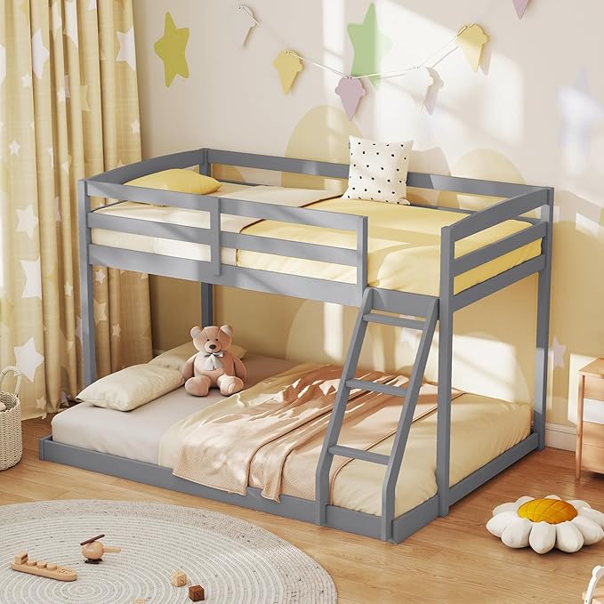 KOMFOTT Low Bunk Bed Twin Over Full, Solid Wood Twin Bed Frame with Built-in Ladder & Safety Guardrails, Space-Saving Low Bunk Bed for Kids, Teens, No Box Spring Needed