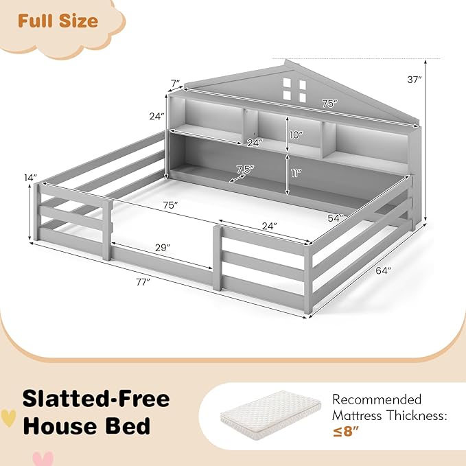 KOMFOTT Full Floor Bed with Bookcase & LED Light, Wood Bed Frame with Bedside Bookshelves & Guardrails, Versatile 2-in-1 Montessori Floor Bed for Kids