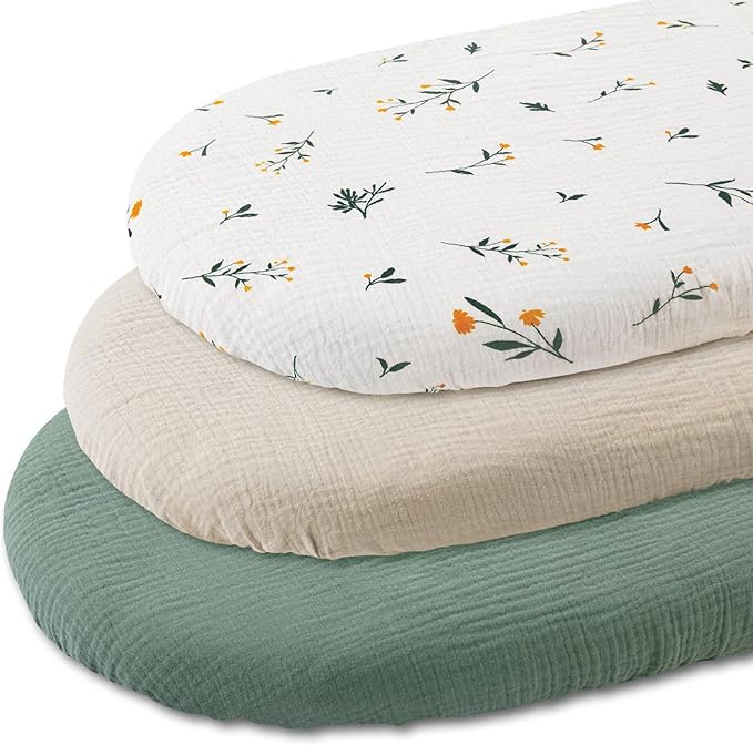 Gllquen Baby Muslin Bassinet Sheets 3 Pack, Breathable Elastic Cozy Fitted Cotton Bassinet Mattress Sheet for Baby Boy Girls, Fit for Hourglass Oval Rectangular Cradle Pad Sheets 33"x17" (Green)