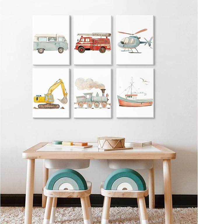 Car Wall Art Boys Room Canvas Wall Decor Nursery Prints Transportation Vehicle Wall Art Kids Toddler Posters Construction Truck Pictures Boy Nursery Artwork for Bedroom Playroom 8x10x6 Inch Framed