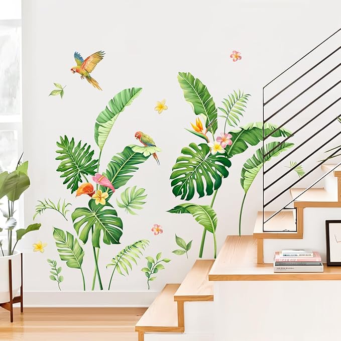 Tropical Plant Leaf Wall Decals, Palm Leaves Boho Spring Summer Green Tree Flower Birds Nature Monstera Wall Stickers Art Decor for Living Room Office Nursery Classroom Gifts for Mom