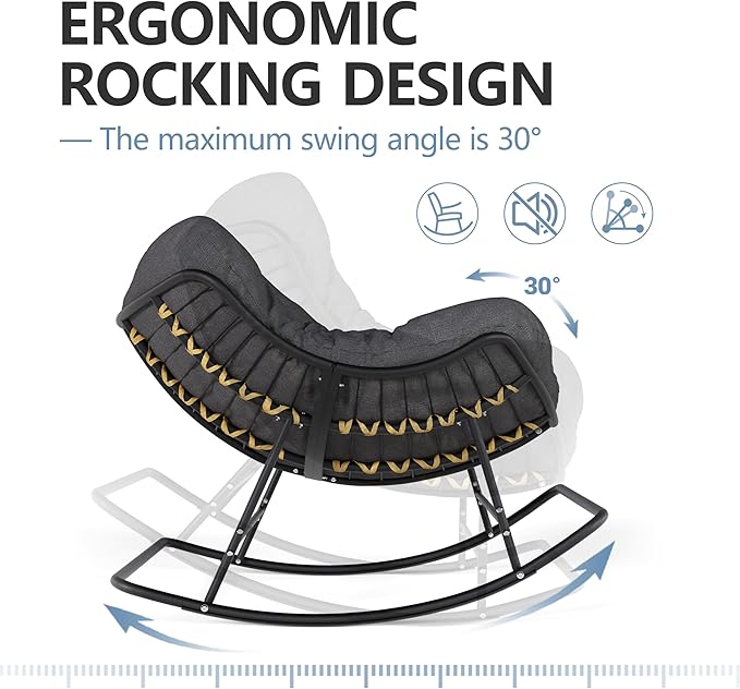 SWITTE Outdoor Papasan Rocking Chair, Oversized Egg Lounge Chair with Thick Cushion, Supports 450 lbs, Comfy Rocker for Patio, Balcony, Porch, or Indoor Living Room-Dark Grey