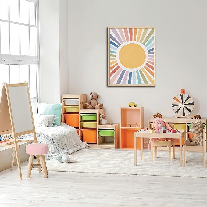 KISSFOX Framed Wall Art Nursery Wall Decor Sunshine Pictures Kids Cute Rainbow Canvas Art Colorful Sweet Paintings Boho Sunburst Artwork For Children Boys Girls Room Playroom