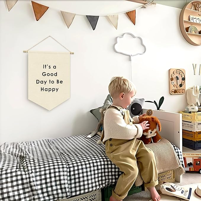 It's a Good Day to Be Happy Canvas Banner Flag - Inspirational Wall Decor for Kids Nursery, Toddler Reading Corner Nook Classroom Library, Wall Hanging Pennant Flag 15x11in